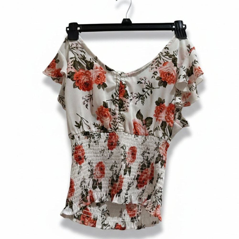 Floral Smocked Waist Ruffle Sleeve Top White Orange Pink Size S NEW without Tags